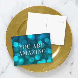 Aqua Blue Bokeh Lights Faux Silver You Are Amazing Postcard
