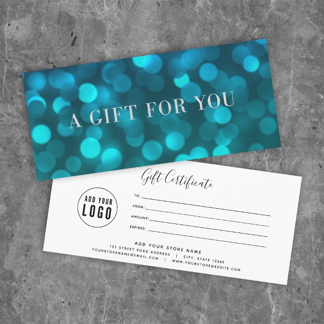Aqua Blue Bokeh Lights Silver Gift Certificate (Creator Uploaded)