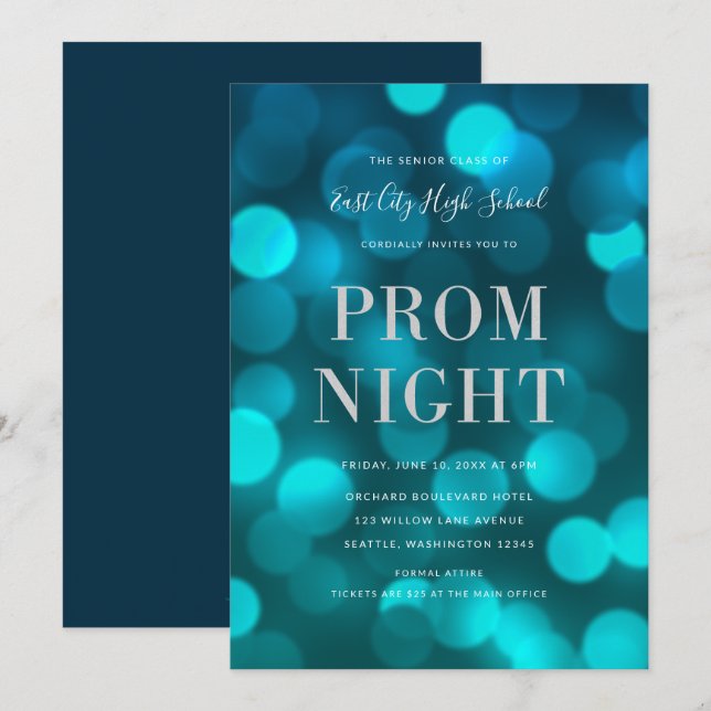 Aqua Blue Bokeh Lights Silver High School Prom Invitation (Front/Back)
