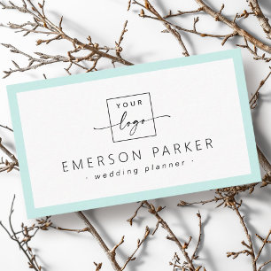 Aqua blue border white modern minimalist add logo business card