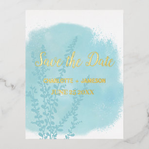 Aqua Blue Botanical Watercolor Wash  Gold Foil Invitation Postcard
