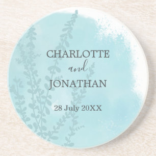 Aqua Blue Botanical Watercolor Wash Wedding Coaster