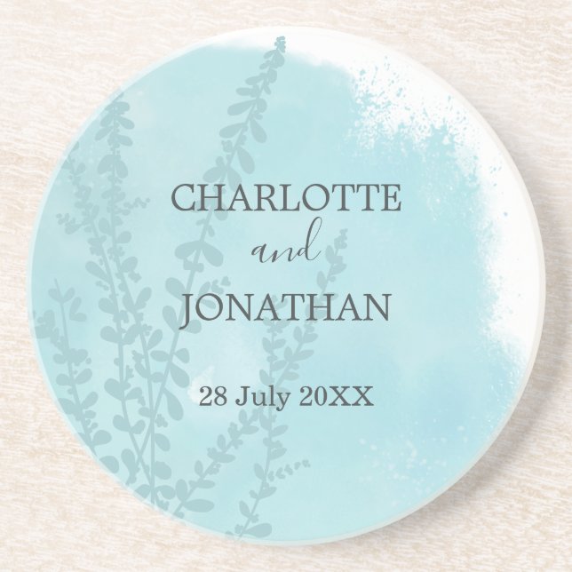 Aqua Blue Botanical Watercolor Wash Wedding  Coaster (Front)