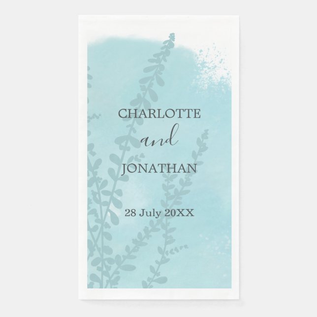 Aqua Blue Botanical Watercolor Wash Wedding  Napkin (Front)