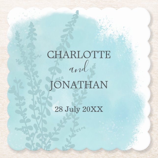 Aqua Blue Botanical Watercolor Wash Wedding   Paper Coaster (Front)