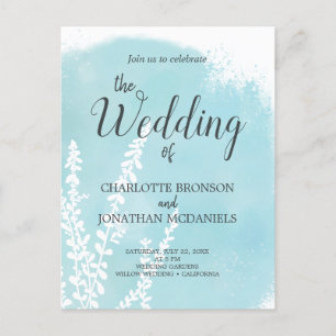 Aqua Blue Botanical Watercolor Wash Wedding Postcard
