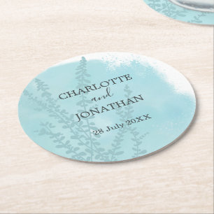 Aqua Blue Botanical Watercolor Wash Wedding Round Paper Coaster