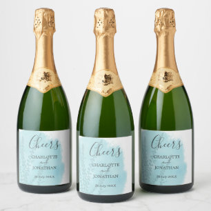 Aqua Blue Botanical Watercolor Wash Wedding Sparkling Wine Label