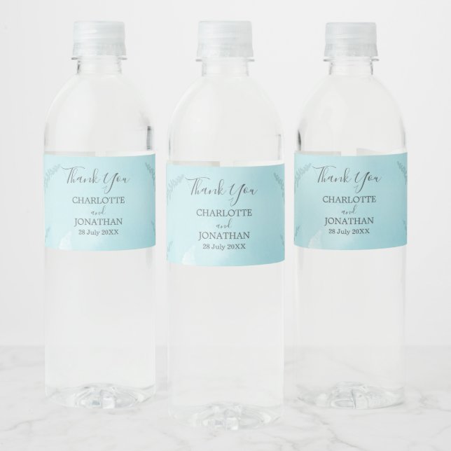 Aqua Blue Botanical Watercolor Wash Wedding   Water Bottle Label (Bottles)