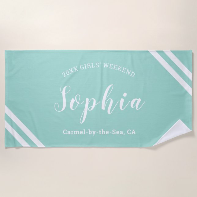 Aqua Blue Boys Girls Weekend Personalised Name Beach Towel (Front)