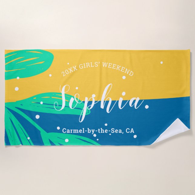 Aqua Blue Boys Girls Weekend Personalised Name Beach Towel (Front)