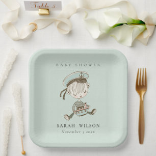 Aqua Blue Boys Little Sailor Nautical Baby Shower Paper Plate