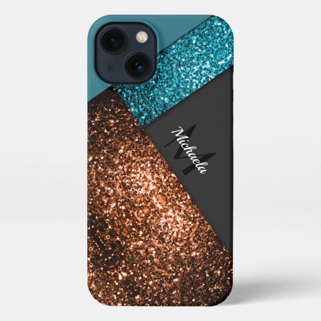 Aqua blue bronze sparkles colour block Monogram iPhone Case (Back)