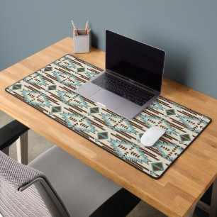 Aqua Blue Brown Aztec Tribal Pattern Desk Mat