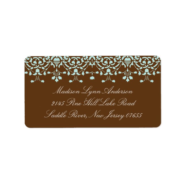 Aqua Blue/Brown Damask Lace Return Address Label (Front)