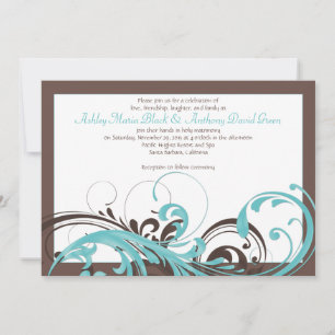 Aqua Blue, Brown Floral Wedding Invitation