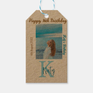 Aqua blue brown happy 16th birthday photo name gift tags