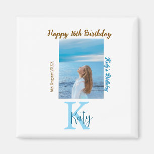 Aqua blue brown happy 16th birthday photo name magnet