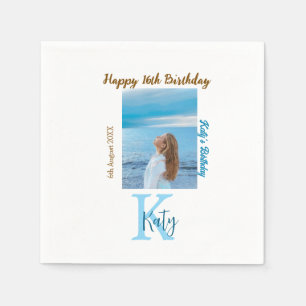 Aqua blue brown happy 16th birthday photo name napkin