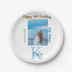 Aqua blue brown happy 16th birthday photo name  paper plate