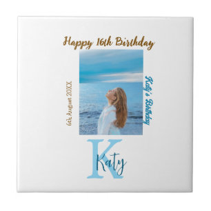 Aqua blue brown happy 16th birthday photo name tile