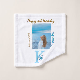 Aqua blue brown happy 16th birthday photo name wash cloth