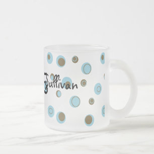 Aqua Blue Brown Polka Dots Monogrammed Frosted Glass Coffee Mug