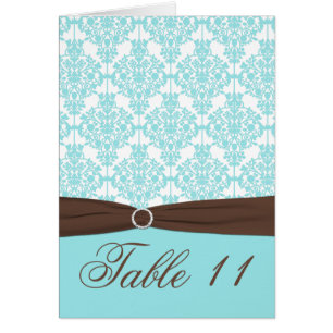 Aqua Blue, Brown, White Damask Table Number Card