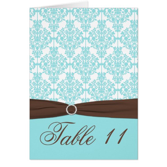 Aqua Blue, Brown, White Damask Table Number Card