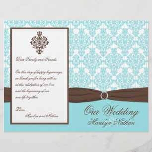 Aqua Blue, Brown, White Damask Wedding Program