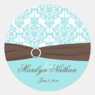 Aqua Blue, Brown, White Damask Wedding Sticker