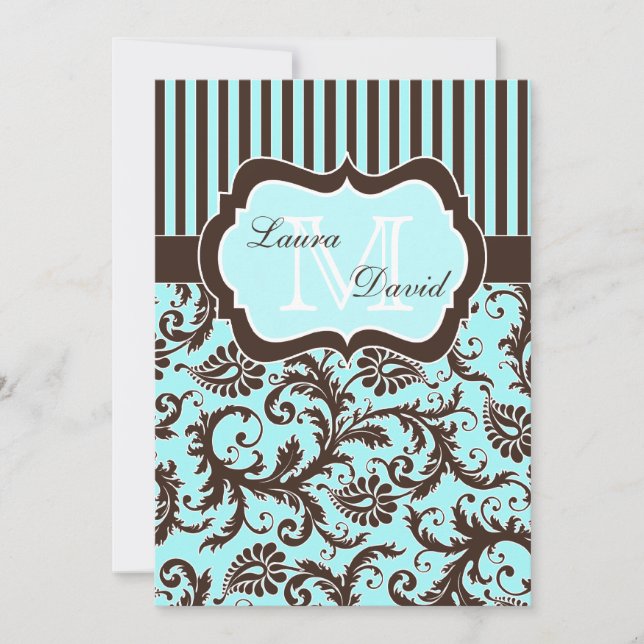 Aqua Blue Brown White Striped Damask Invitation II (Front)