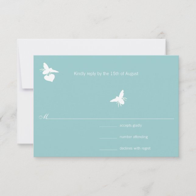 Aqua Blue Bumble Bee Heart Wedding RSVP Card (Front)
