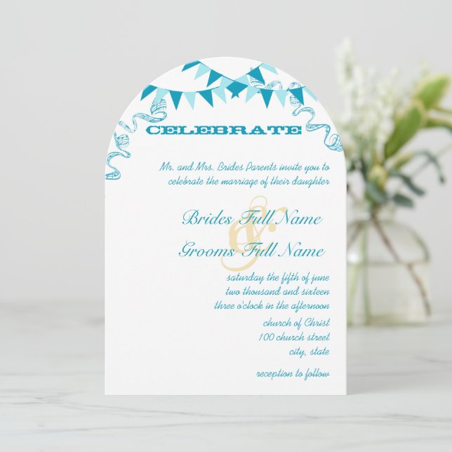 Aqua Blue Bunting Pennant Wedding Invitations (Standing Front)