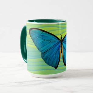 Aqua Blue Butterfly on Green Abstract Mug Cup