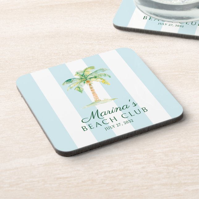 Aqua Blue Cabana Stripes Palm Beach Club Birthday Coaster (Left Side)