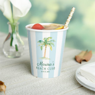 Aqua Blue Cabana Stripes Palm Beach Club Birthday Paper Cups