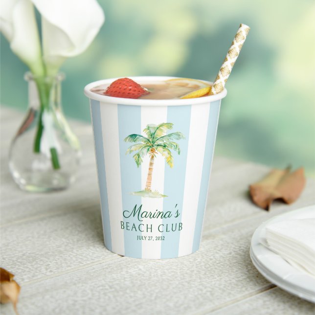 Aqua Blue Cabana Stripes Palm Beach Club Birthday Paper Cups (Insitu)