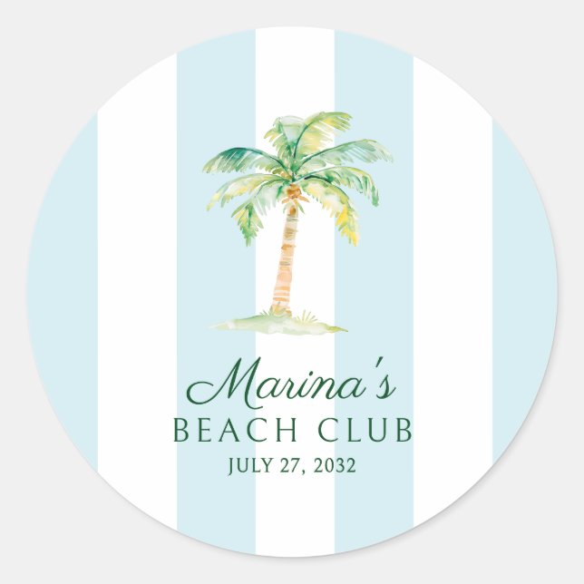 Aqua Blue Cabana Stripes Palm Beach Club Favour Classic Round Sticker (Front)