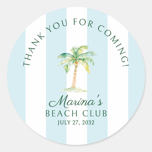 Aqua Blue Cabana Stripes Palm Beach Club Thank You Classic Round Sticker (Front)