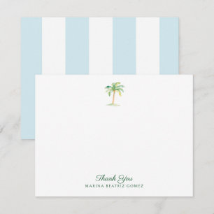 Aqua Blue Cabana Stripes Palm Tree Thank You Card