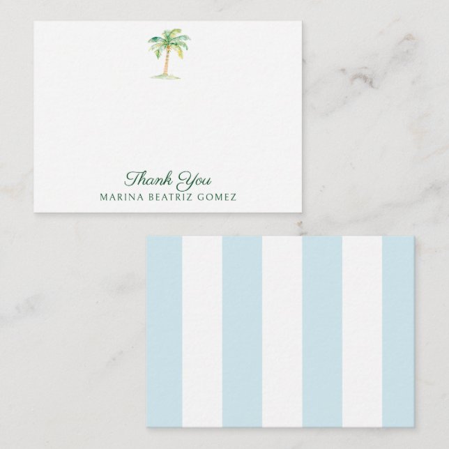 Aqua Blue Cabana Stripes Palm Tree Thank You Card (Front/Back)