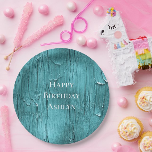 Aqua Blue Cake Frosting Birthday Paper Plate (Party)