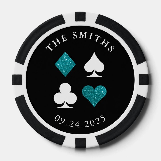 Aqua Blue Card Suits Wedding Date and Name Favour Poker Chips (Front)
