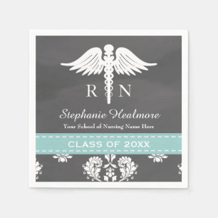 Aqua Blue Chalkboard Caduceus Nurse Graduation Napkin
