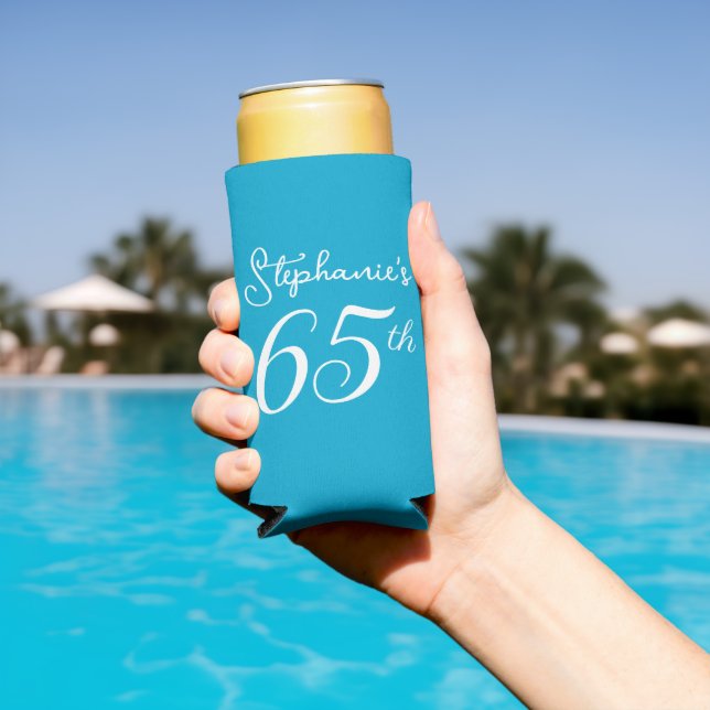 Aqua Blue Cheers to 65 Years 65th Birthday Party Seltzer Can Cooler (In Situ Pool)
