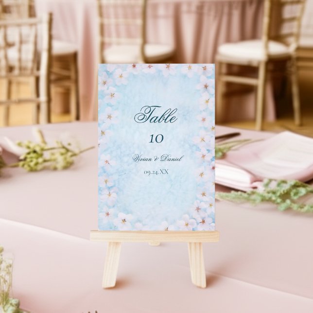 Aqua Blue Cherry Blossom Wedding Table Number Card (Creator Uploaded)