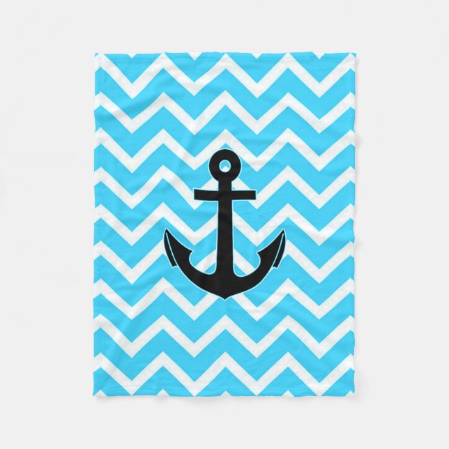 Aqua Blue Chevron Anchor Fleece Blanket (Front)