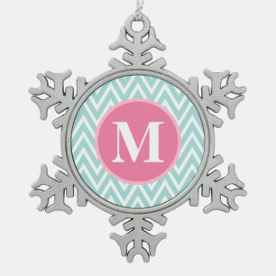 Aqua Blue Chevron Pattern Pink Monogram Snowflake Pewter Christmas Ornament