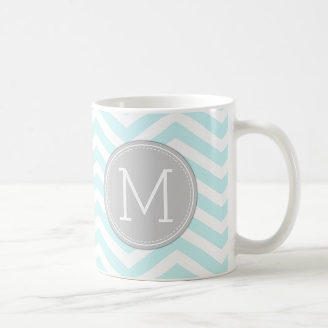 Aqua Blue Chevron Pattern with monogram Coffee Mug (Right)